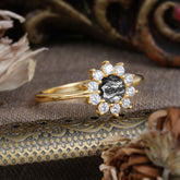 Flower Inspired Unique Cluster Ring Round Cut Black Rutilated Quartz Engagement Ring